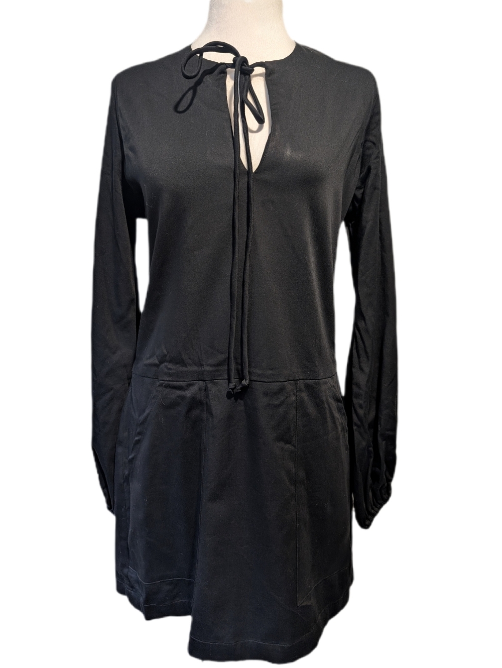 Matin Studio Sydney Black Long-sleeved Mini Cotton Keyhole Dress Pockets -S-